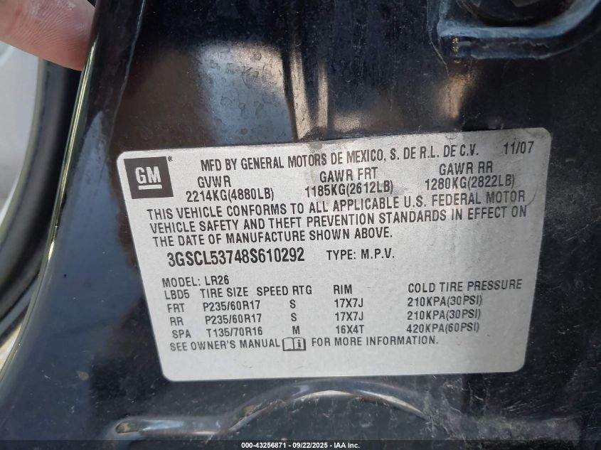 2008 Saturn Vue V6 Xr VIN: 3GSCL53748S610292 Lot: 43256871