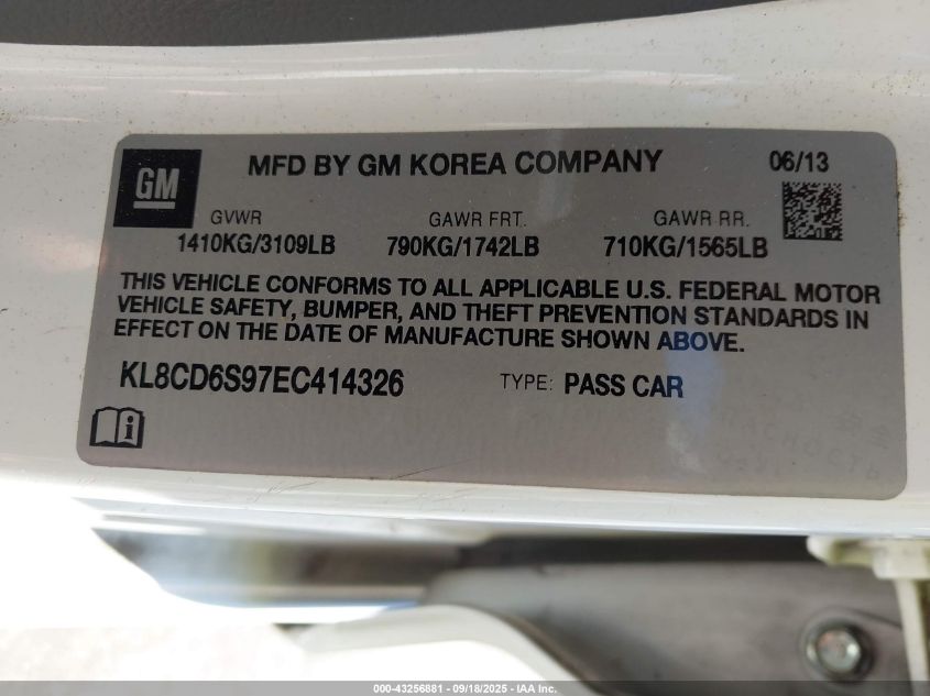 2014 Chevrolet Spark 1Lt Auto VIN: KL8CD6S97EC414326 Lot: 43256881