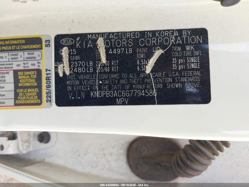 2016 Kia Sportage Lx VIN: KNDPB3AC6G7794586 Lot: 43256884