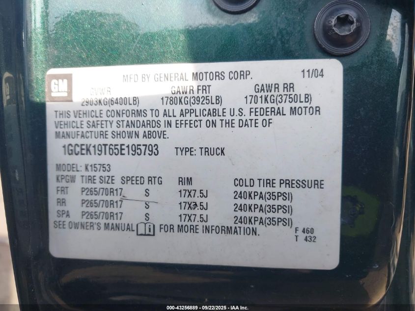 2005 Chevrolet Silverado 1500 Ls VIN: 1GCEK19T65E195793 Lot: 43256889