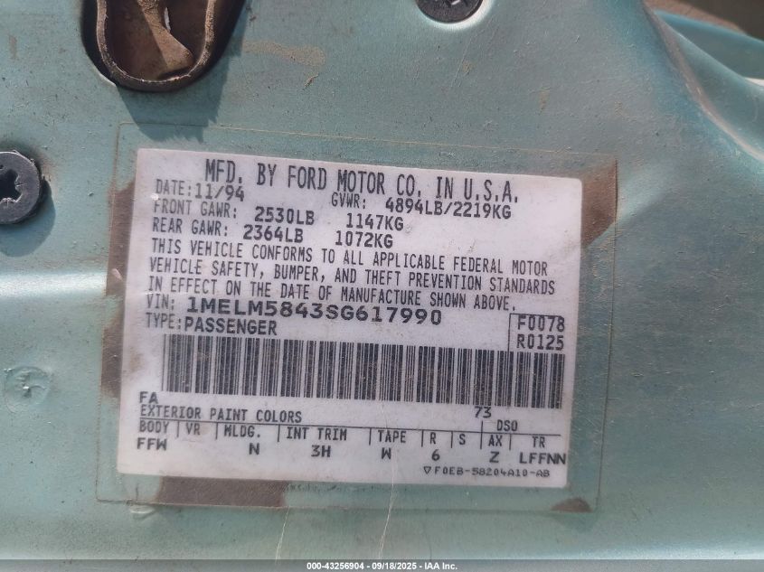 1995 Mercury Sable Ls VIN: 1MELM5843SG617990 Lot: 43256904
