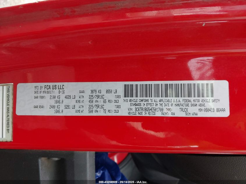 2017 Ram Promaster 1500 High Roof 136 Wb VIN: 3C6TRVBG5HE501700 Lot: 43256909