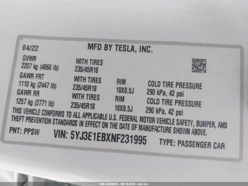 2022 Tesla Model 3 Long Range Dual Motor All-Wheel Drive VIN: 5YJ3E1EBXNF231995 Lot: 43256910