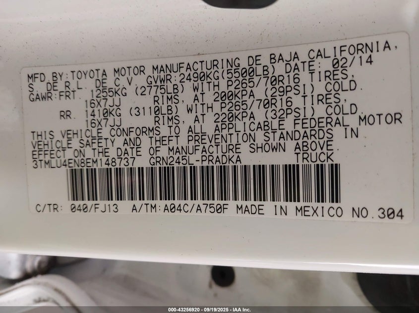 2014 TOYOTA TACOMA BASE V6 3TMLU4EN8EM148737