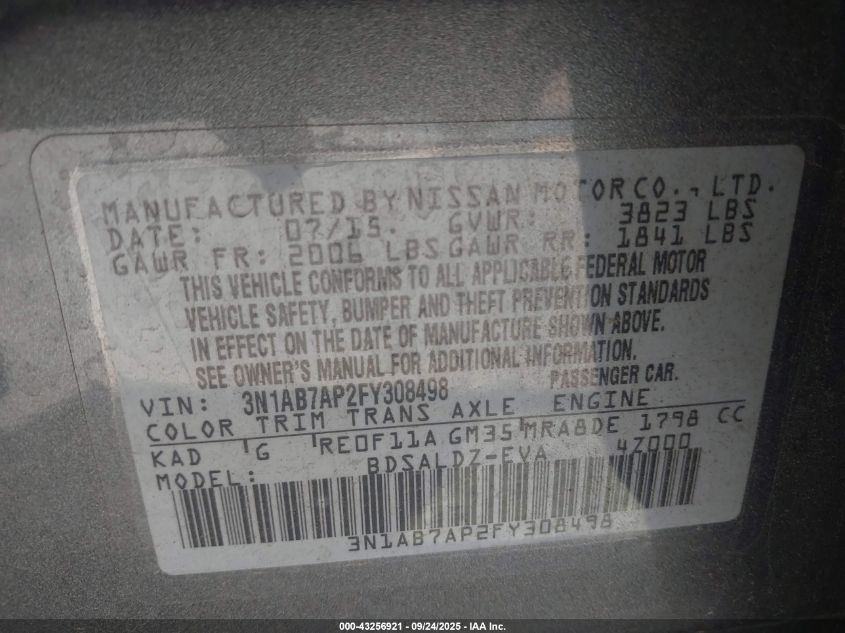 2015 Nissan Sentra Sv VIN: 3N1AB7AP2FY308498 Lot: 43256921