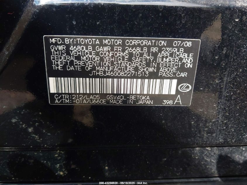 2008 Lexus Es 350 VIN: JTHBJ46G082271513 Lot: 43256928