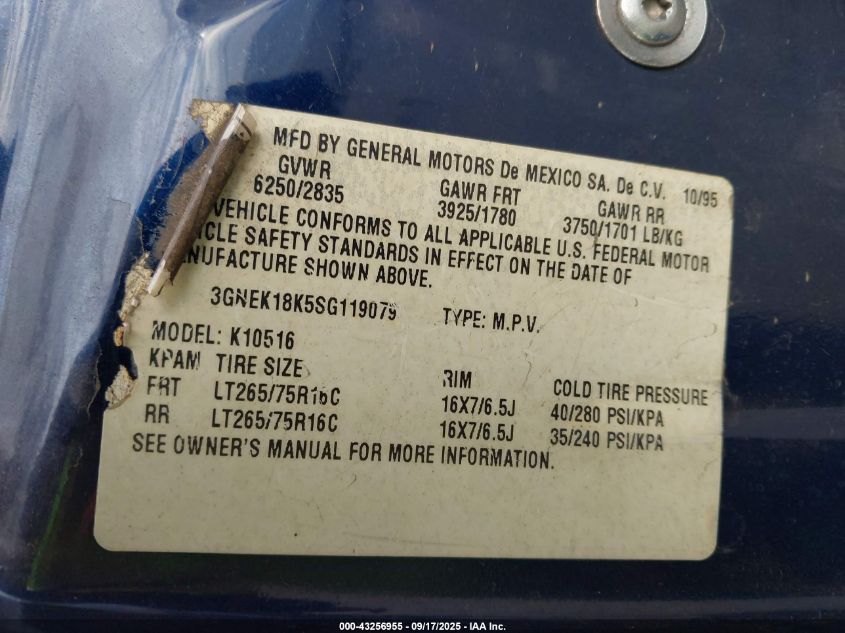 1995 Chevrolet Tahoe K1500 VIN: 3GNEK18K5SG119079 Lot: 43256955