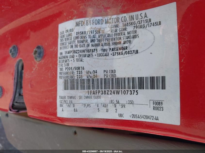 2004 Ford Focus Zts VIN: 1FAFP38Z24W107375 Lot: 43256957