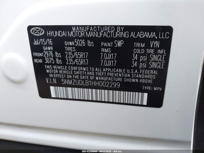 2017 HYUNDAI SANTA FE SPORT 2.4L 5NMZUDLB1HH002299