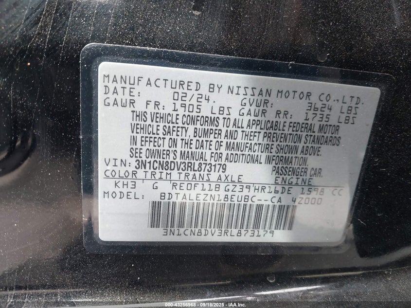 2024 Nissan Versa 1.6 S VIN: 3N1CN8DV3RL873179 Lot: 43256968