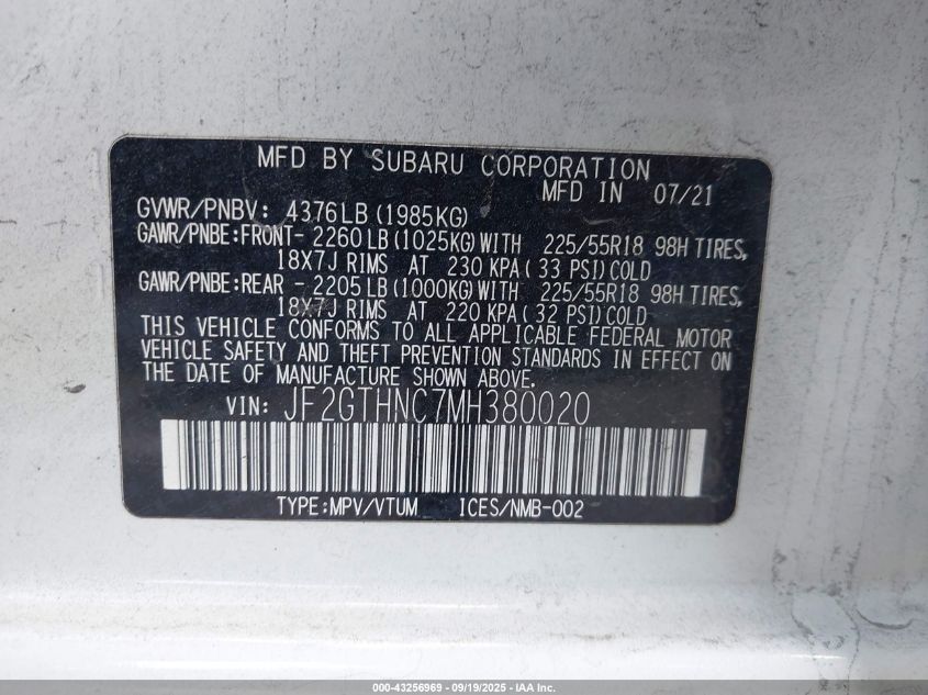 2021 Subaru Crosstrek Limited VIN: JF2GTHNC7MH380020 Lot: 43256969