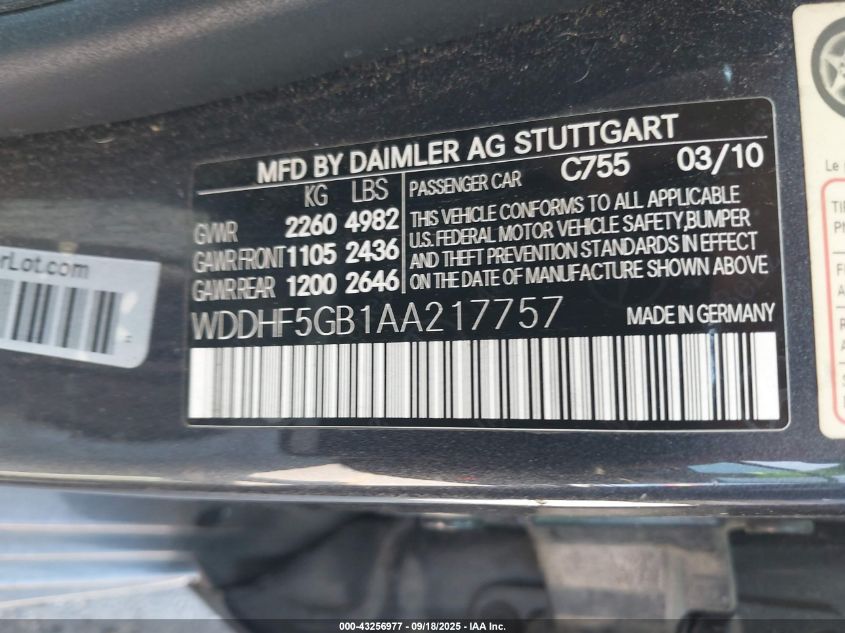 2010 Mercedes-Benz E 350 VIN: WDDHF5GB1AA217757 Lot: 43256977