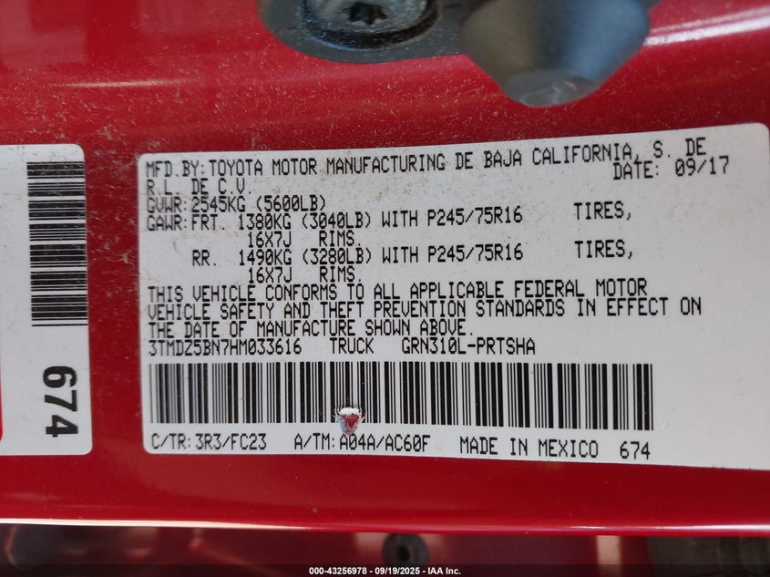 2017 TOYOTA TACOMA SR5 V6 3TMDZ5BN7HM033616