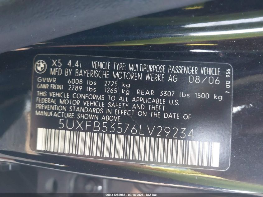 2006 BMW X5 4.4I VIN: 5UXFB53576LV29234 Lot: 43256985