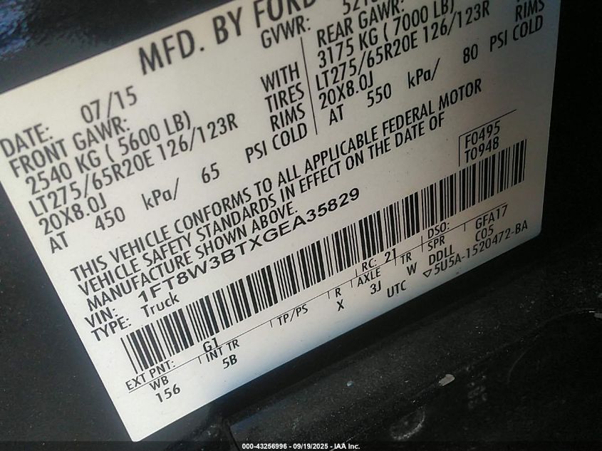 2016 Ford F-350 Lariat VIN: 1FT8W3BTXGEA35829 Lot: 43256996