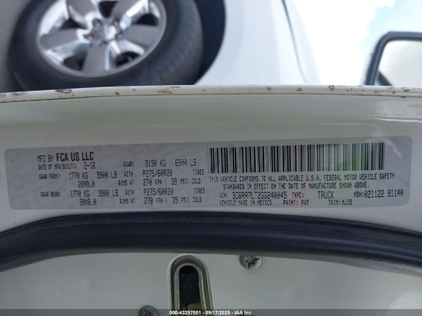 2016 Ram 1500 Big Horn VIN: 3C6RR7LT2GG240045 Lot: 43257001