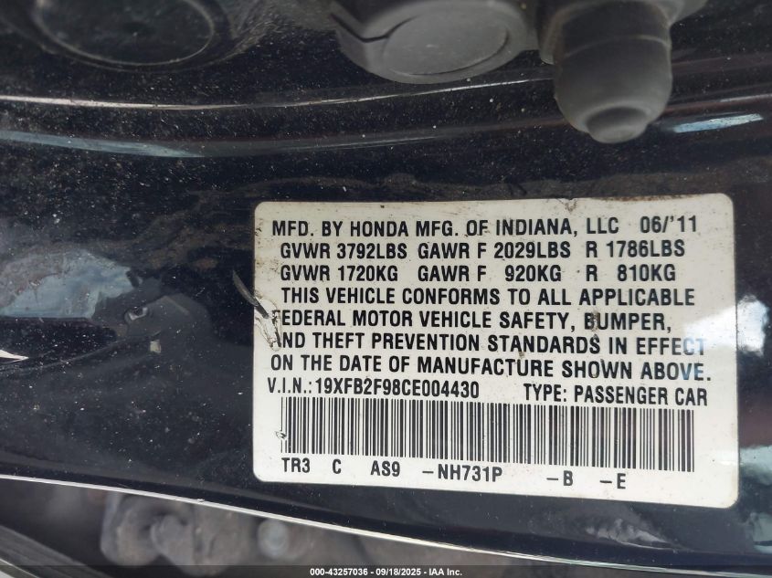 2012 Honda Civic Ex-L VIN: 19XFB2F98CE004430 Lot: 43257036