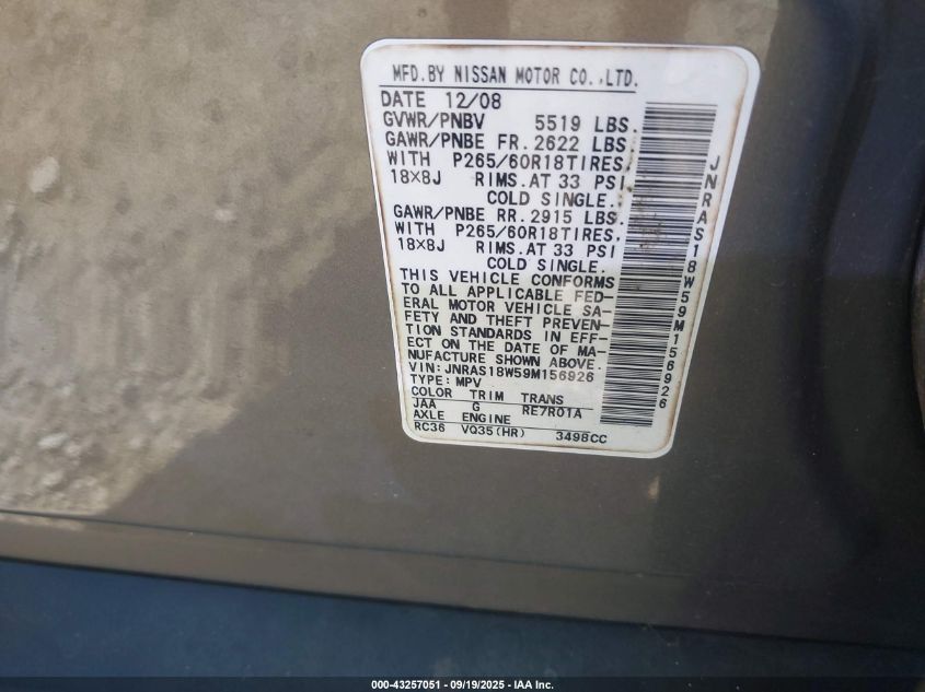 2009 Infiniti Fx35 VIN: JNRAS18W59M156926 Lot: 43257051