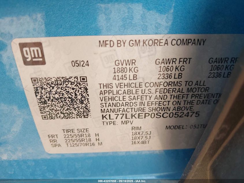 2025 Chevrolet Trax Fwd Activ VIN: KL77LKEP0SC052475 Lot: 43257058