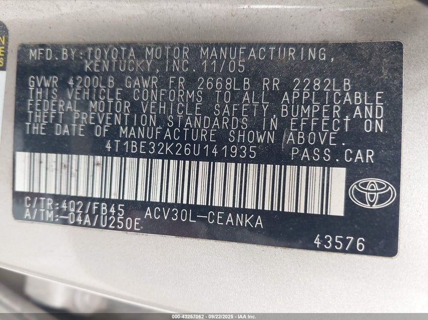 4T1BE32K26U141935 2006 TOYOTA CAMRY photo no. 9