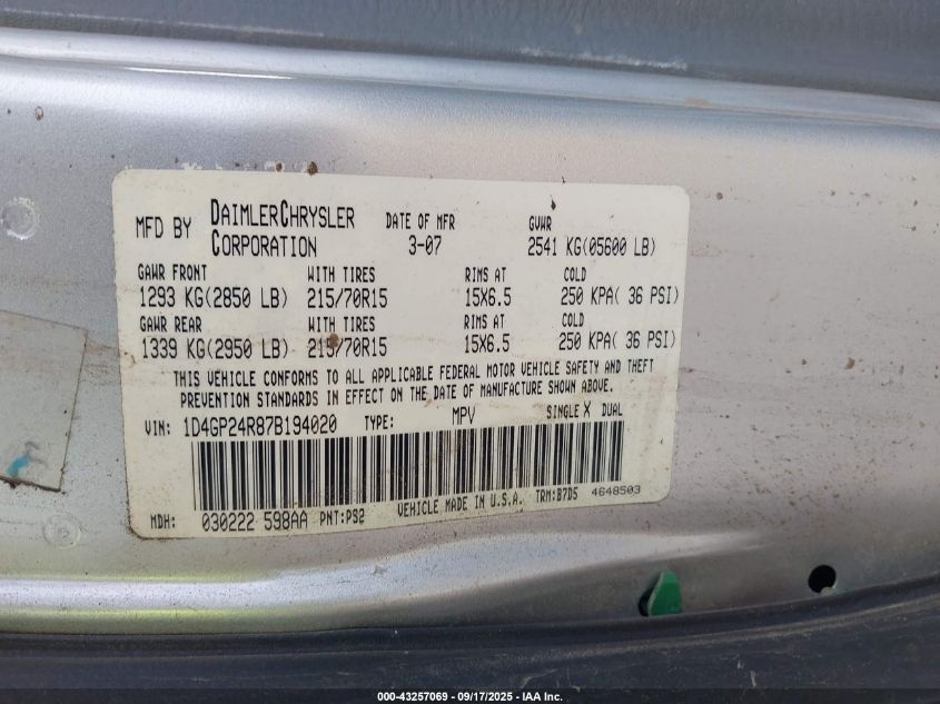 2007 Dodge Grand Caravan Se VIN: 1D4GP24R87B194020 Lot: 43257069