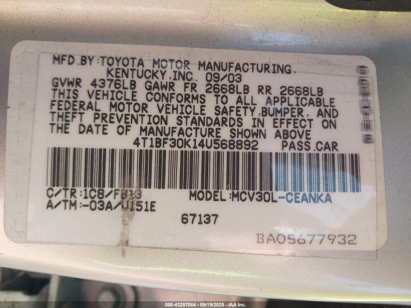 2004 Toyota Camry Le V6 VIN: 4T1BF30K14U568892 Lot: 43257084