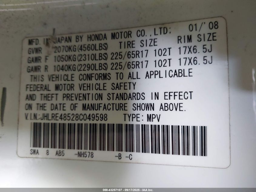 2008 Honda Cr-V Ex VIN: JHLRE48528C049598 Lot: 43257107