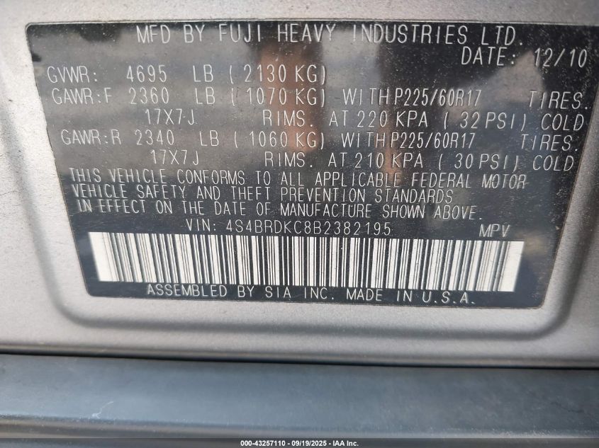 2011 Subaru Outback 3.6R Limited VIN: 4S4BRDKC8B2382195 Lot: 43257110