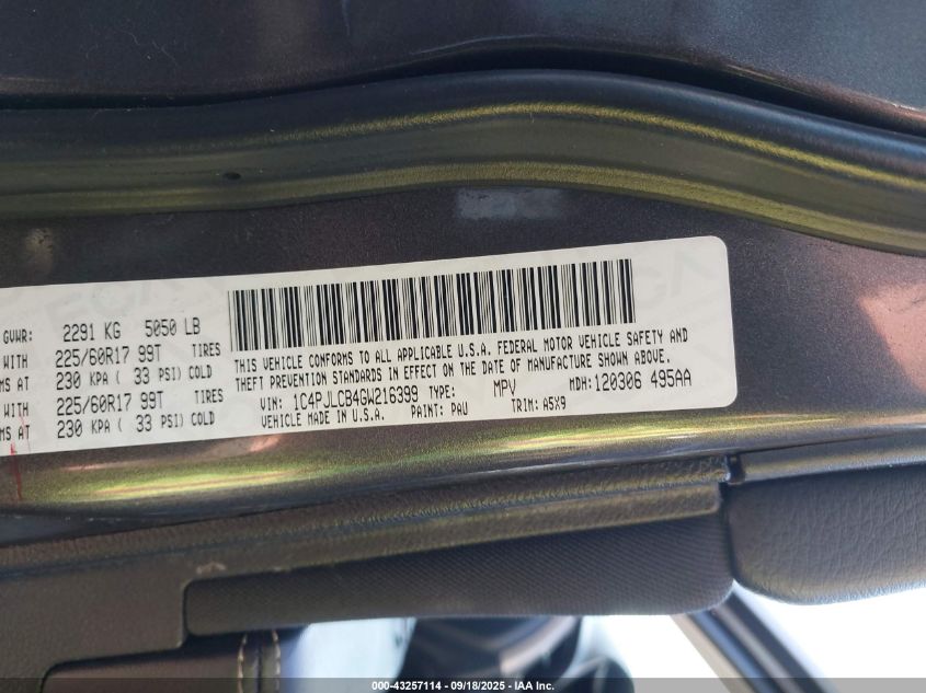 2016 Jeep Cherokee Latitude VIN: 1C4PJLCB4GW216399 Lot: 43257114