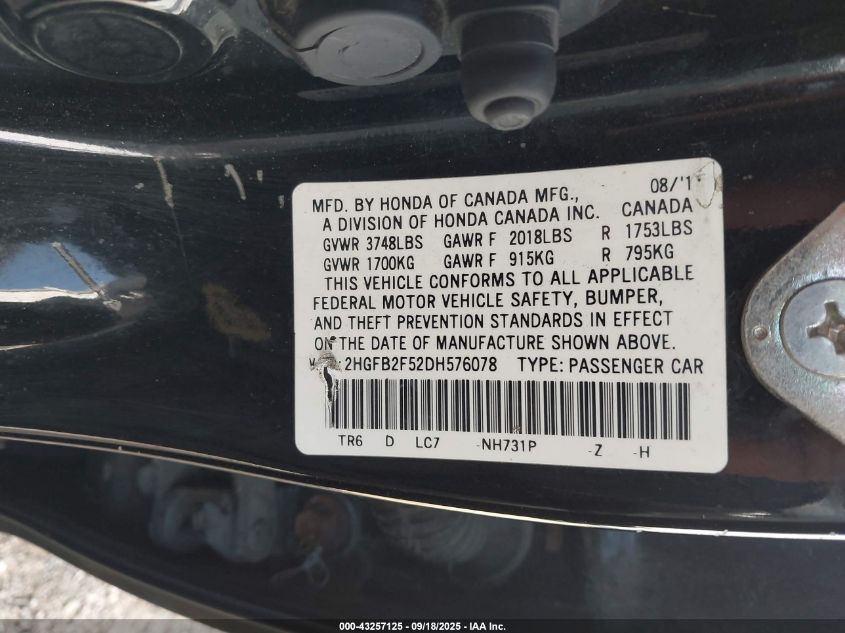 2013 Honda Civic Lx VIN: 2HGFB2F52DH576078 Lot: 43257125