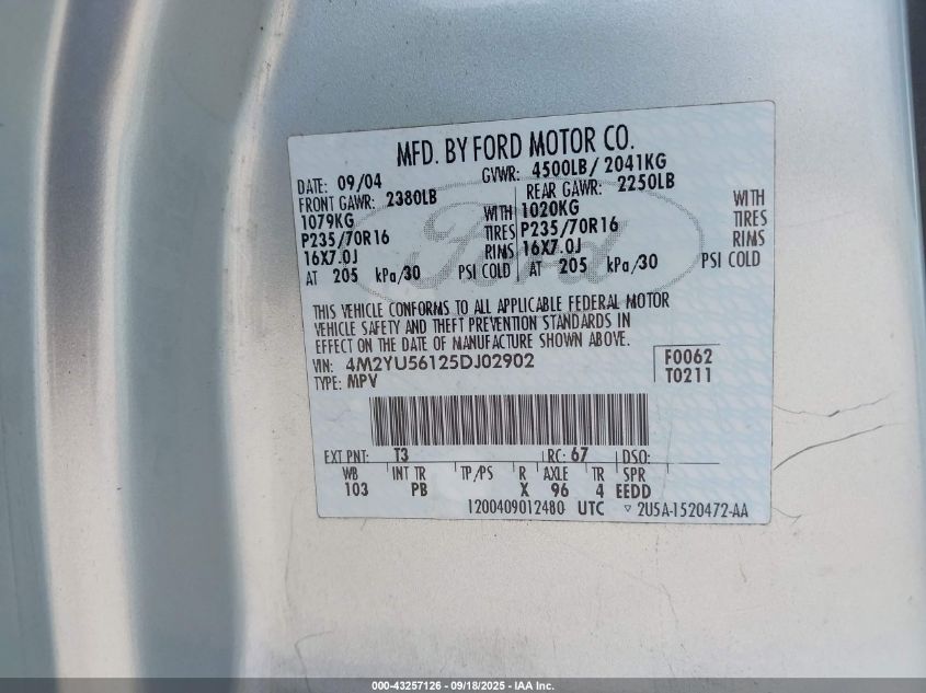 2005 Mercury Mariner Luxury/Premier VIN: 4M2YU56125DJ02902 Lot: 43257126