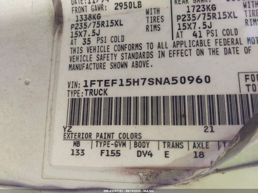 1995 Ford F150 VIN: 1FTEF15H7SNA50960 Lot: 43257151