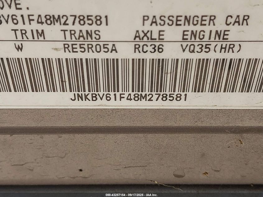 2008 Infiniti G35X VIN: JNKBV61F48M278581 Lot: 43257154