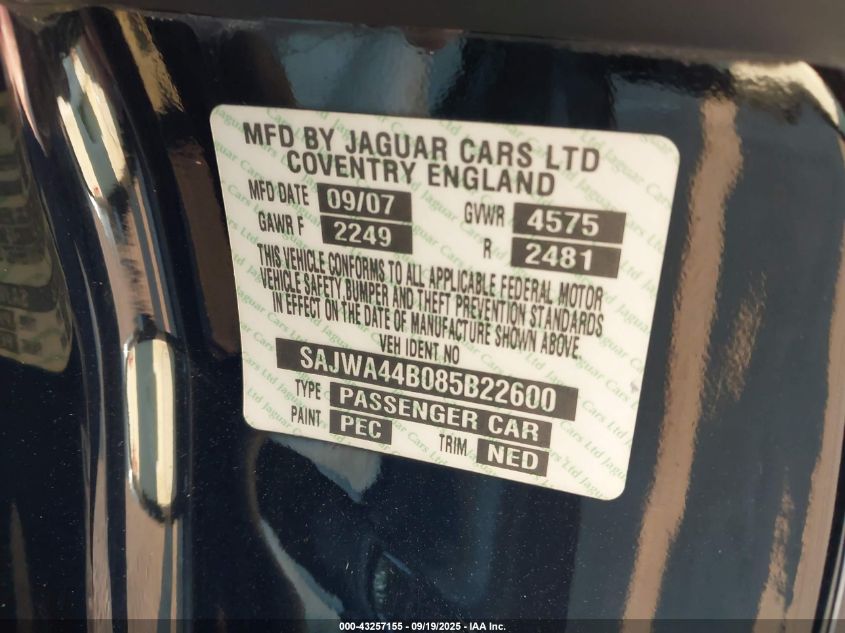 2008 Jaguar Xk VIN: SAJWA44B085B22600 Lot: 43257155