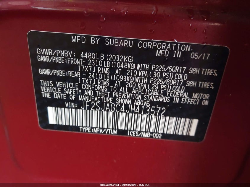 2018 Subaru Forester 2.5I Premium VIN: JF2SJAGC4JH413572 Lot: 43257184