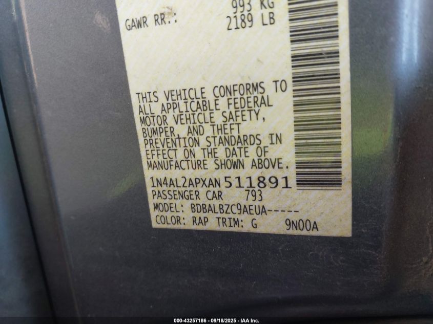 2010 Nissan Altima 2.5 S VIN: 1N4AL2APXAN511891 Lot: 43257186