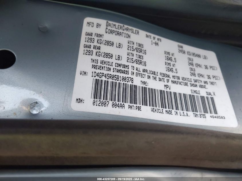 2005 Dodge Caravan Sxt VIN: 1D4GP45R05B100378 Lot: 43257209