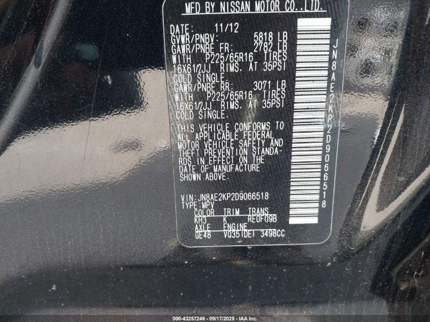 2013 Nissan Quest S VIN: JN8AE2KP2D9066518 Lot: 43257246