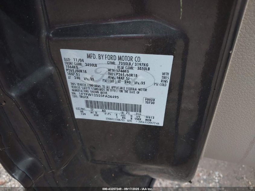 2005 Ford F-150 Lariat/Xlt VIN: 1FTPW12555FA26495 Lot: 43257249