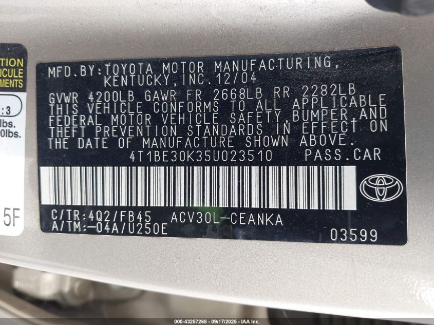 2005 Toyota Camry Le VIN: 4T1BE30K35U023510 Lot: 43257268