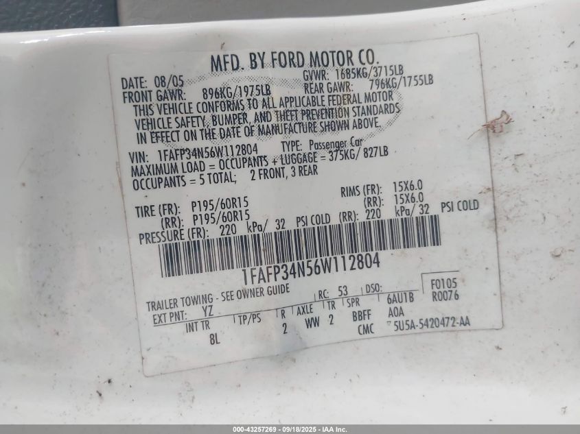 2006 Ford Focus Zx4 VIN: 1FAFP34N56W112804 Lot: 43257269