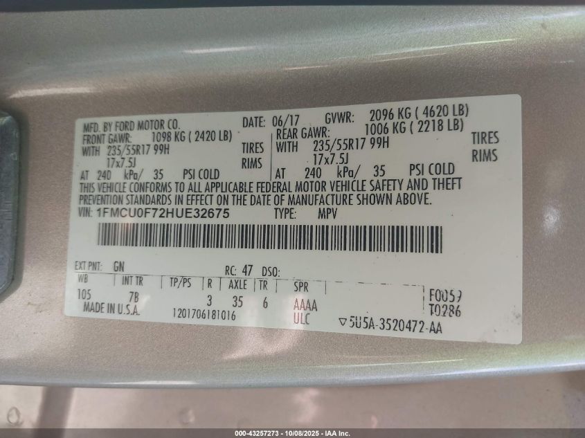 2017 Ford Escape S VIN: 1FMCU0F72HUE32675 Lot: 43257273