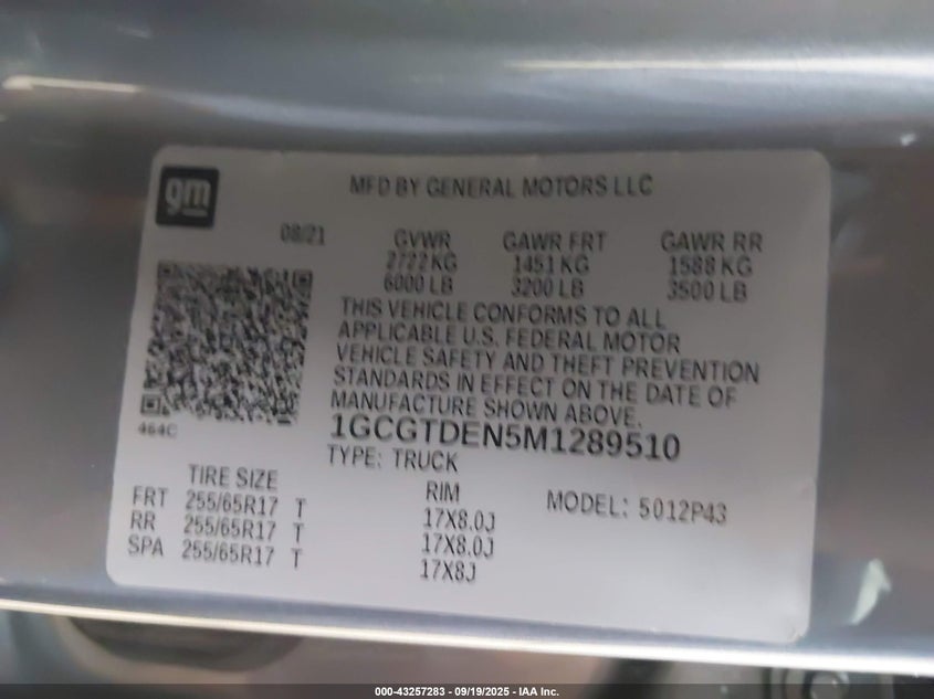 2021 CHEVROLET COLORADO 4WD  SHORT BOX Z71 1GCGTDEN5M1289510