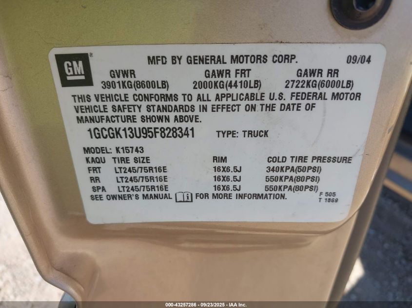 2005 Chevrolet Silverado 1500Hd Ls VIN: 1GCGK13U95F828341 Lot: 43257286