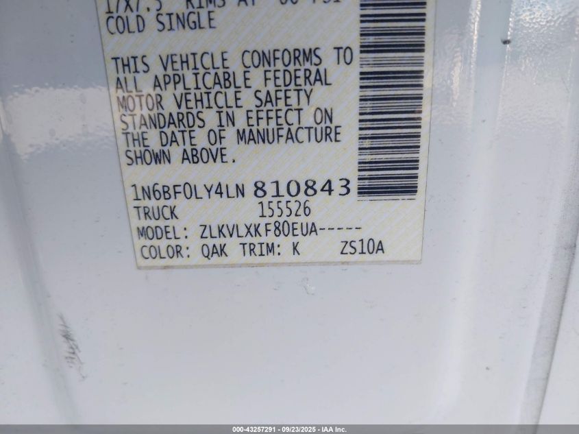 2020 Nissan Nv Cargo Nv2500 Hd Sv High Roof V6 VIN: 1N6BF0LY4LN810843 Lot: 43257291