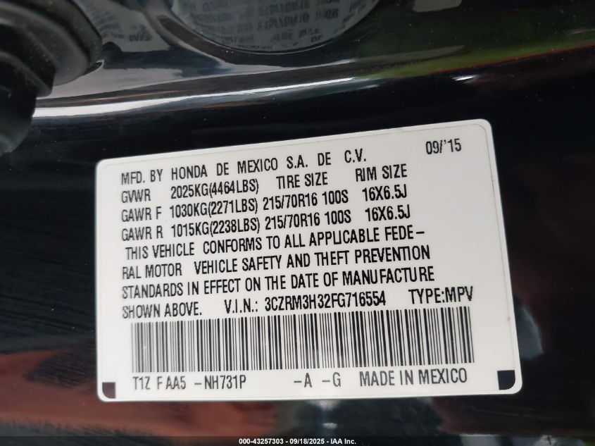 2015 Honda Cr-V Lx VIN: 3CZRM3H32FG716554 Lot: 43257303