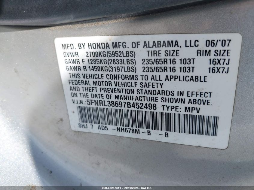 2007 Honda Odyssey Ex-L VIN: 5FNRL38697B452498 Lot: 43257311