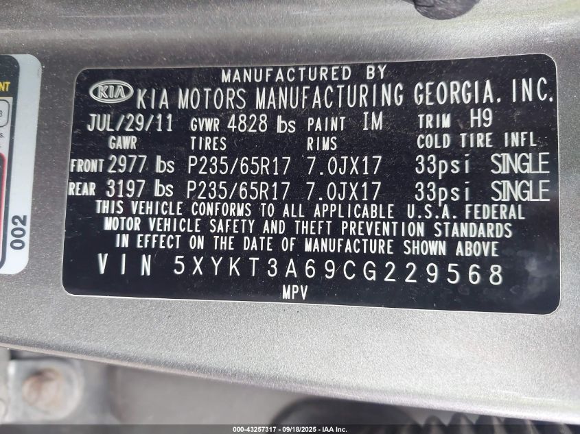 2012 Kia Sorento Lx VIN: 5XYKT3A69CG229568 Lot: 43257317