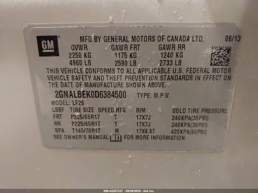 2013 CHEVROLET EQUINOX LS 2GNALBEK0D6384500