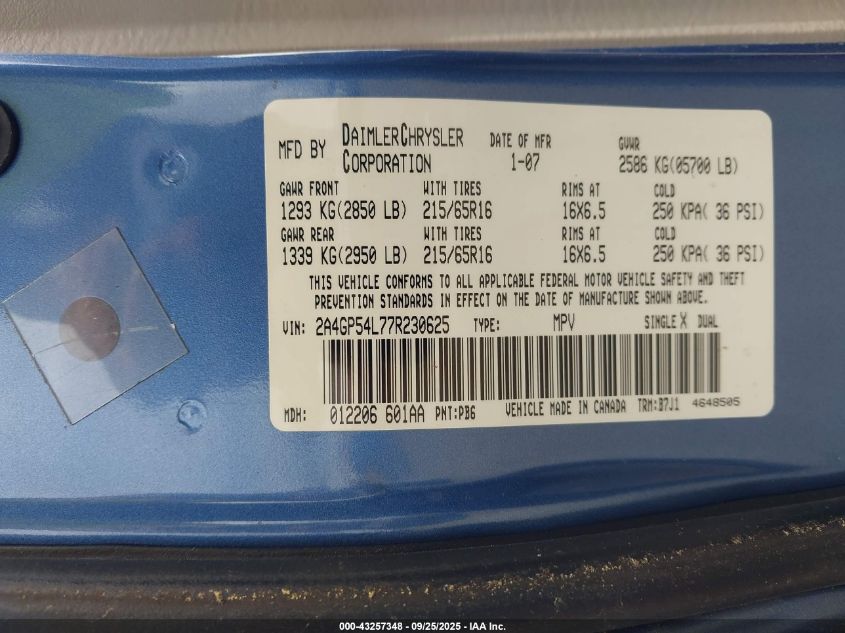 2007 Chrysler Town & Country Touring VIN: 2A4GP54L77R230625 Lot: 43257348